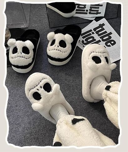 Halloween Skull Slippers Funny Halloween Gifts Winter Non-Slip Indoor Outdoor Shoes for Women Cute Fuzzy Slippers Soft Thick Sole in Saudi Arabia