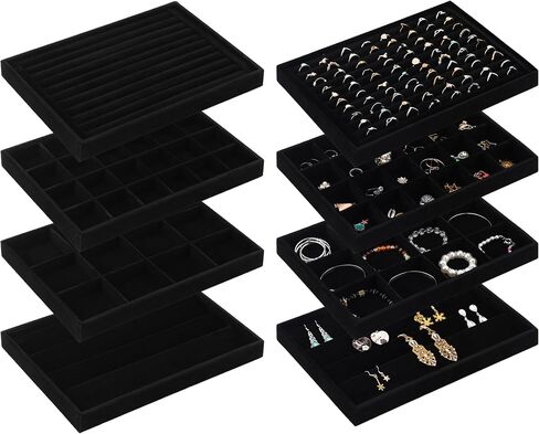 Beeveer 8 Pcs 12.5 x 8.5 x 1.2 inch Black Velvet Stackable Jewelry Tray Black Stackable Velvet Jewelry Organizer Jewelry Display Jewelry Drawer Organizer Jewelry Inserts for Drawers Necklace Bracelet in Saudi Arabia