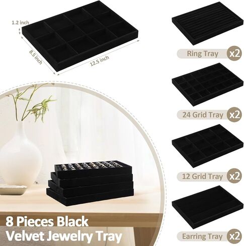 Beeveer 8 Pcs 12.5 x 8.5 x 1.2 inch Black Velvet Stackable Jewelry Tray Black Stackable Velvet Jewelry Organizer Jewelry Display Jewelry Drawer Organizer Jewelry Inserts for Drawers Necklace Bracelet in Saudi Arabia