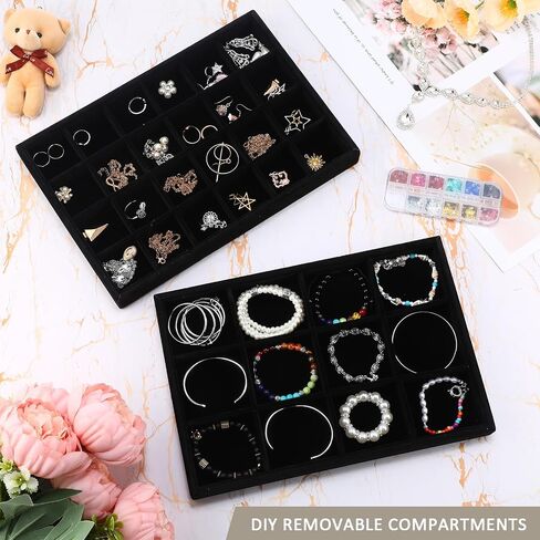Beeveer 8 Pcs 12.5 x 8.5 x 1.2 inch Black Velvet Stackable Jewelry Tray Black Stackable Velvet Jewelry Organizer Jewelry Display Jewelry Drawer Organizer Jewelry Inserts for Drawers Necklace Bracelet in Saudi Arabia