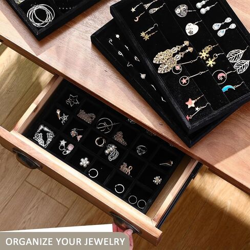 Beeveer 8 Pcs 12.5 x 8.5 x 1.2 inch Black Velvet Stackable Jewelry Tray Black Stackable Velvet Jewelry Organizer Jewelry Display Jewelry Drawer Organizer Jewelry Inserts for Drawers Necklace Bracelet in Saudi Arabia