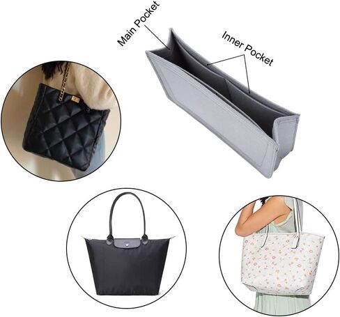 WADORN 2 Colors Felt Handbag Insert Organizer, Tote Bag Organizer with Pockets Bag in Bag for Hermes Evelyne 16 Microfiber Purse Insert Liner Bag Interior Shaper Rectangle Compartments(Khaki, Grey) in Saudi Arabia
