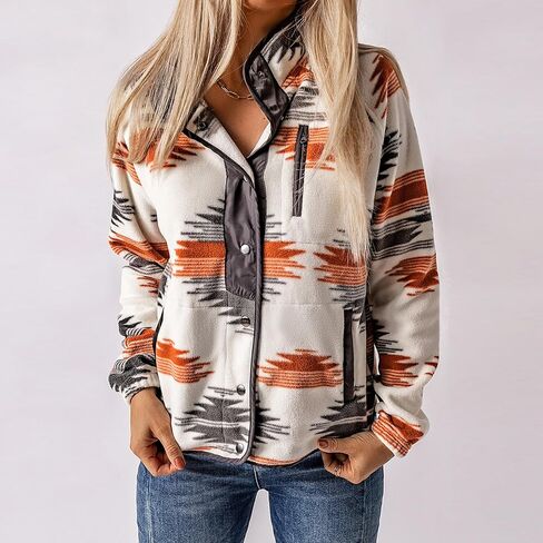 معطف Dongfeng النسائي من الصوف المطبوع عليه صوف الأزتيك، جاكيت ذو طية صدر السترة بأزرار سفلية، جاكيت شتوي مع جيوب in Kuwait