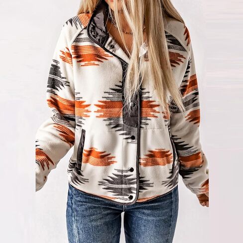 معطف Dongfeng النسائي من الصوف المطبوع عليه صوف الأزتيك، جاكيت ذو طية صدر السترة بأزرار سفلية، جاكيت شتوي مع جيوب in Kuwait