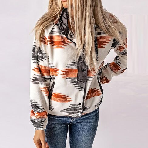 معطف Dongfeng النسائي من الصوف المطبوع عليه صوف الأزتيك، جاكيت ذو طية صدر السترة بأزرار سفلية، جاكيت شتوي مع جيوب in Kuwait