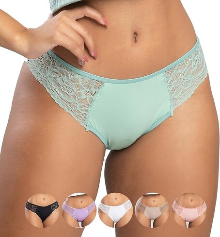 Vicbela - مجموعة مكونة من 6 سراويل داخلية من الدانتيل الجانبي بنمط بيكيني - حزام خصر مطاطي، قصة برازيلية - متعدد الألوان in Kuwait