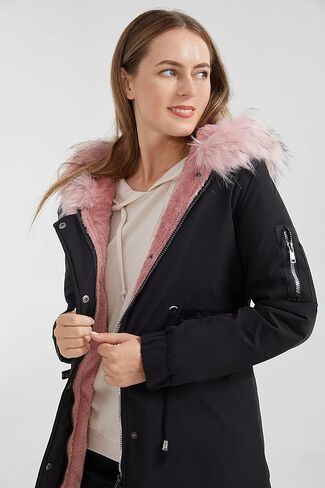 ELEZAY Women's Parka Jacket Hooded Stylish Winter Coats with Faux Fur Trim Mid Length Warm FLeece Lined Parka Zipper Closure in Kuwait
