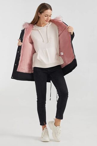 ELEZAY Women's Parka Jacket Hooded Stylish Winter Coats with Faux Fur Trim Mid Length Warm FLeece Lined Parka Zipper Closure in Kuwait