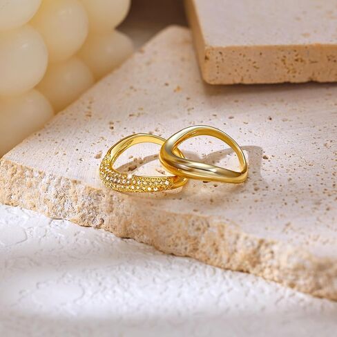 خواتم ذهبية Picuzzy للنساء، حلقات موجة مطلية بالذهب عيار 14 قيراط قابلة للتكديس العصرية مكونة من قطعتين خاتم للنساء مكعب زركونيا مجموعة خواتم مجوهرات عصرية هدية للنساء والفتيات المراهقات مقاس 5-10 in Kuwait