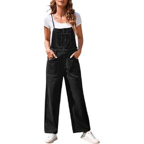 Pink Queen Women's Denim Bib Overalls Casual Loose Adjustable Straps Wide Legs High Waist Jean Pants Jumpsuits with Pockets in Kuwait