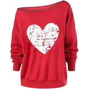 Decogiver Valentine's Day Women's Baggy Loose Fashion Graphic Long Sleeve Off Shoulder Sweatshirts