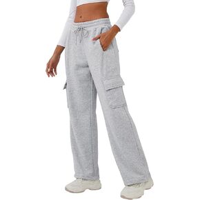 ELLEVEN Women's High Waisted Cargo Sweatpants, Cotton Wide Leg Baggy Joggers Pants with Pockets