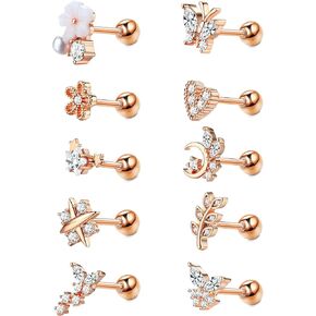 JOERICA 10Pcs Cartilage Earrings for Women 18G CZ Helix Tragus Piercing Jewelry 316L Stainless Steel Cute Butterfly Cartilage Stud Earrings Set in Saudi Arabia