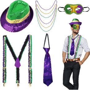 CAMDUCK 7 Pcs Mardi Gras Costume Accessories, Mardi Gras Sequin Suspenders, Necktie, Fedora Hat, Mask, Beads Necklaces, Mardi Gras Outfit Dress Up Clothing for Men in Kuwait