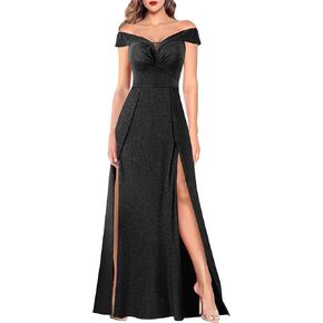 VFSHOW Womens Off Shoulder Ruched V Neck Double Slit Formal A-Line Maxi Dress 2023 Wedding Guest Cocktail Evening Long Gown