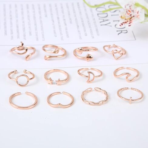 12 قطعة خواتم قابلة للتعديل للنساء لطيف ستار القمر القلب موجة الأفعى حلقة مجموعة الإبهام المفصل تكويم خواتم الفرقة مجوهرات in Kuwait