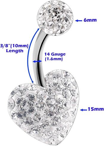 MATIGA Steel Heart 14g 3/8 10mm Barbell Belly Button Rings Banana Piercing Jewelry Earring Navel 6mm Ferido Crystal More Choices in Saudi Arabia