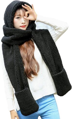 TONWHAR Womens Cute Winter Thick Warm Long Hooded Scarf with Mittens in Saudi Arabia