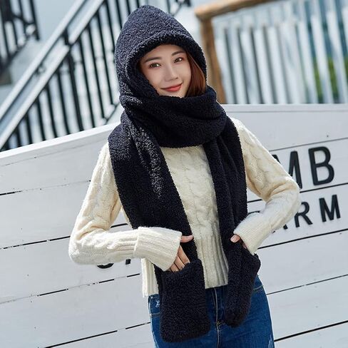 TONWHAR Womens Cute Winter Thick Warm Long Hooded Scarf with Mittens in Saudi Arabia