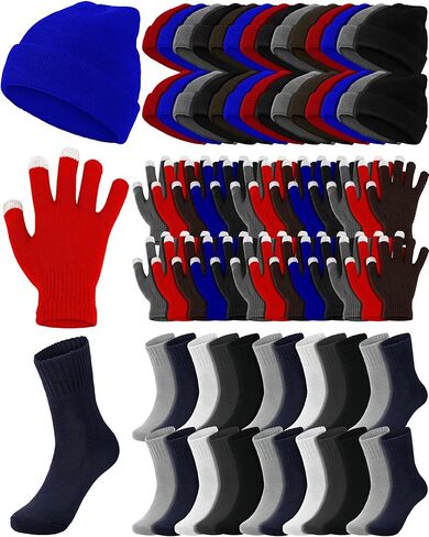 Panitay 150 Pcs Winter Beanies Gloves Socks 50 Men Cotton Socks in Bulk 50 Winter Hat 50 Touchscreen Gloves for Men Homeless Shelter Donating Warm Gift in Saudi Arabia
