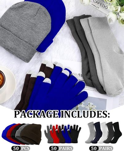 Panitay 150 Pcs Winter Beanies Gloves Socks 50 Men Cotton Socks in Bulk 50 Winter Hat 50 Touchscreen Gloves for Men Homeless Shelter Donating Warm Gift in Saudi Arabia