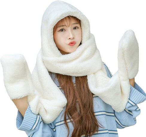 TONWHAR Womens Cute Winter Thick Warm Long Hooded Scarf with Mittens in Saudi Arabia
