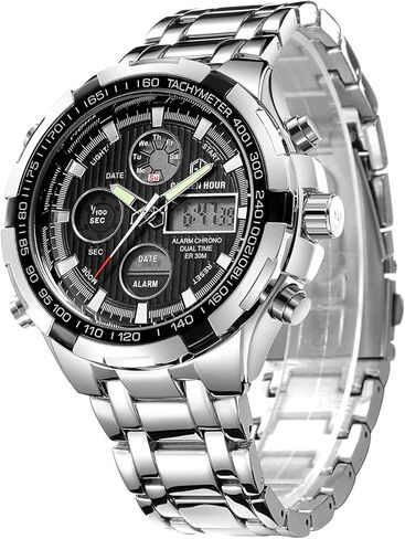 GOLDEN HOUR Luxury Stainless Steel Analog Digital Watches for Men Male Outdoor Sport Waterproof Big Heavy Wristwatch in Saudi Arabia