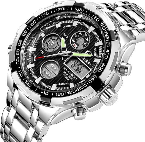 GOLDEN HOUR Luxury Stainless Steel Analog Digital Watches for Men Male Outdoor Sport Waterproof Big Heavy Wristwatch in Saudi Arabia