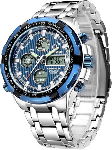 GOLDEN HOUR Luxury Stainless Steel Analog Digital Watches for Men Male Outdoor Sport Waterproof Big Heavy Wristwatch in Saudi Arabia