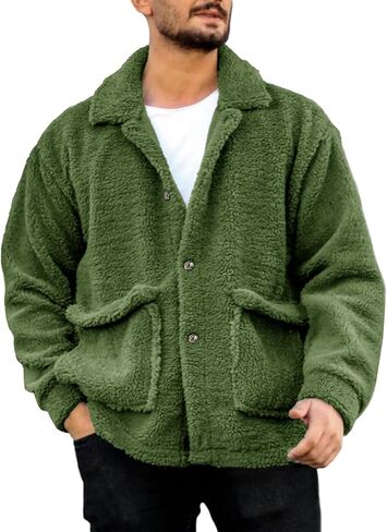 Runcati Mens Fuzzy Sherpa Jacket Fleece Long Sleeve Button Down Coat Fall Winter Warm Outwear in Saudi Arabia