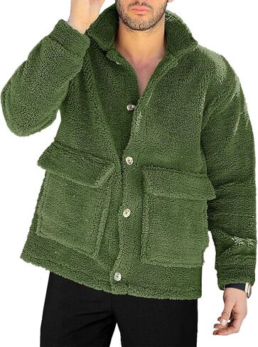 Runcati Mens Fuzzy Sherpa Jacket Fleece Long Sleeve Button Down Coat Fall Winter Warm Outwear in Saudi Arabia