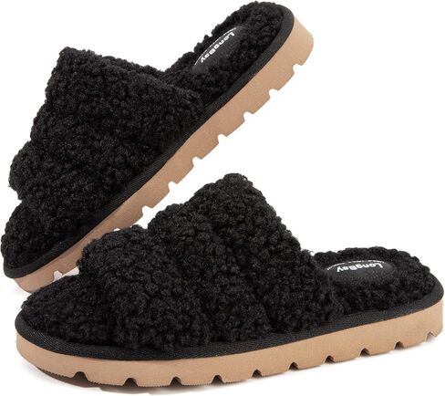 شبشب LongBay نسائي مفتوح عند الأصابع من الفرو المجعد والفرو الإسفنجي ذو الذاكرة صنادل مريحة للاستخدام الداخلي والخارجي in Kuwait