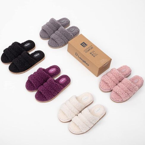 شبشب LongBay نسائي مفتوح عند الأصابع من الفرو المجعد والفرو الإسفنجي ذو الذاكرة صنادل مريحة للاستخدام الداخلي والخارجي in Kuwait