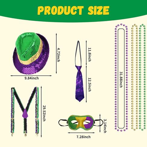 CAMDUCK 7 Pcs Mardi Gras Costume Accessories, Mardi Gras Sequin Suspenders, Necktie, Fedora Hat, Mask, Beads Necklaces, Mardi Gras Outfit Dress Up Clothing for Men in Kuwait
