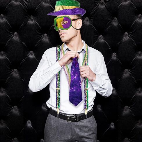 CAMDUCK 7 Pcs Mardi Gras Costume Accessories, Mardi Gras Sequin Suspenders, Necktie, Fedora Hat, Mask, Beads Necklaces, Mardi Gras Outfit Dress Up Clothing for Men in Kuwait