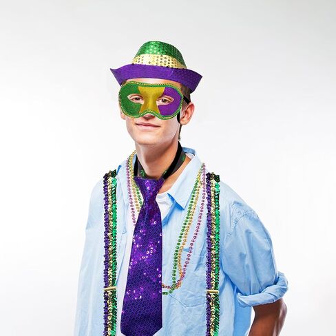 CAMDUCK 7 Pcs Mardi Gras Costume Accessories, Mardi Gras Sequin Suspenders, Necktie, Fedora Hat, Mask, Beads Necklaces, Mardi Gras Outfit Dress Up Clothing for Men in Kuwait