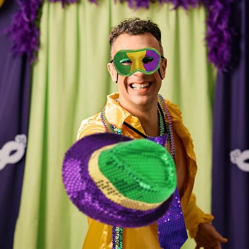 CAMDUCK 7 Pcs Mardi Gras Costume Accessories, Mardi Gras Sequin Suspenders, Necktie, Fedora Hat, Mask, Beads Necklaces, Mardi Gras Outfit Dress Up Clothing for Men in Kuwait