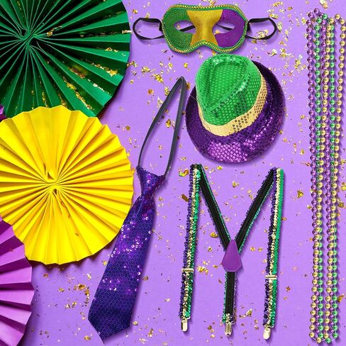 CAMDUCK 7 Pcs Mardi Gras Costume Accessories, Mardi Gras Sequin Suspenders, Necktie, Fedora Hat, Mask, Beads Necklaces, Mardi Gras Outfit Dress Up Clothing for Men in Kuwait