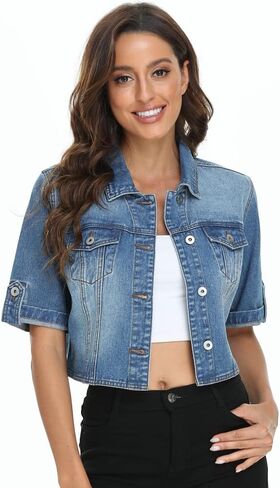 Dilgul Women's Denim Jacket Button Down Short Sleeve Cropped Jean Jacket Coat in Saudi Arabia