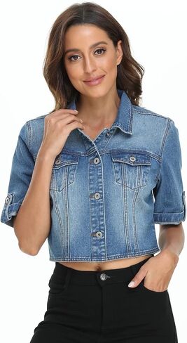 Dilgul Women's Denim Jacket Button Down Short Sleeve Cropped Jean Jacket Coat in Saudi Arabia