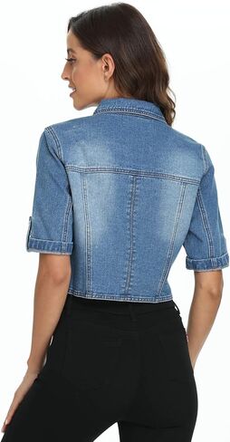 Dilgul Women's Denim Jacket Button Down Short Sleeve Cropped Jean Jacket Coat in Saudi Arabia