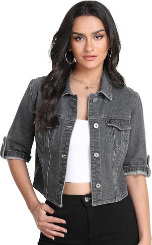 Dilgul Women's Denim Jacket Button Down Short Sleeve Cropped Jean Jacket Coat in Saudi Arabia