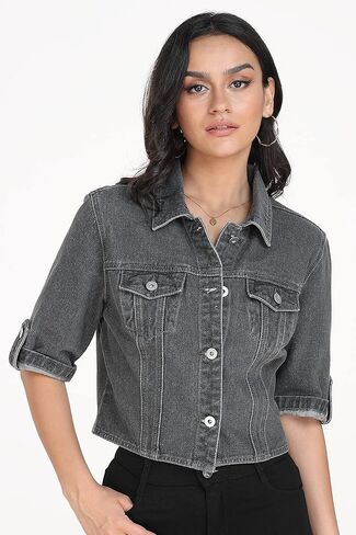 Dilgul Women's Denim Jacket Button Down Short Sleeve Cropped Jean Jacket Coat in Saudi Arabia