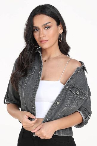 Dilgul Women's Denim Jacket Button Down Short Sleeve Cropped Jean Jacket Coat in Saudi Arabia