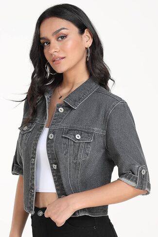 Dilgul Women's Denim Jacket Button Down Short Sleeve Cropped Jean Jacket Coat in Saudi Arabia