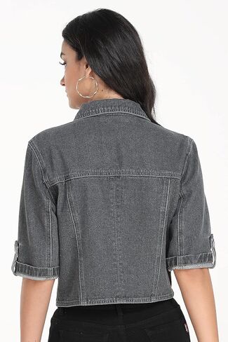 Dilgul Women's Denim Jacket Button Down Short Sleeve Cropped Jean Jacket Coat in Saudi Arabia
