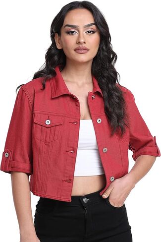 Dilgul Women's Denim Jacket Button Down Short Sleeve Cropped Jean Jacket Coat in Saudi Arabia