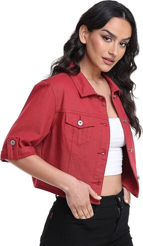 Dilgul Women's Denim Jacket Button Down Short Sleeve Cropped Jean Jacket Coat in Saudi Arabia