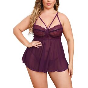 Donnalla Plus Size Lingerie for Women Eyelash Lace Sexy Babydoll Sheer Mesh Sleepwear Dress