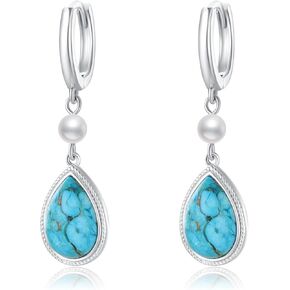Turquoise Hoop Earring, S925 Sterling Silver Teardrop Turquoise Blue Gem Stone Earrings Jewelry Gifts for Women Girls in Kuwait
